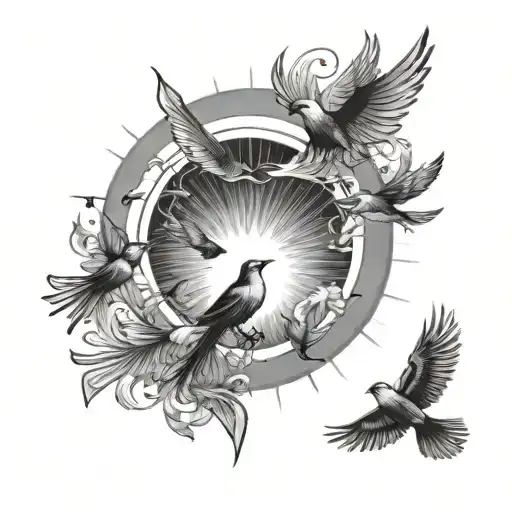 sun rays with birds flying at bottom part tattoo design idea