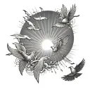 sun rays with birds flying at bottom part tattoo design idea