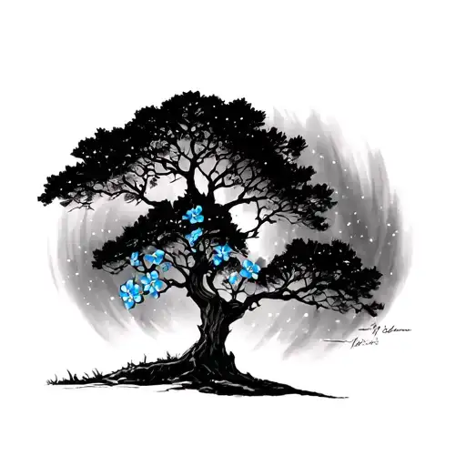 northern lights with live oak tree & forget me not flowers tattoo design idea