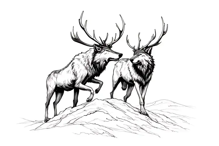  elk fighting wolfs tattoo design idea