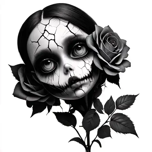 a creepy doll with cracked face roses intertwined tattoo design idea