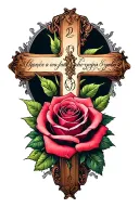 cross with rose and words tattoo design idea