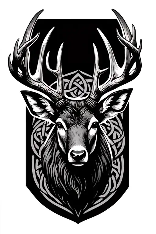 black highland stag head with wide antlers with Celtic symbolism to make up the chest of the stag tattoo design idea