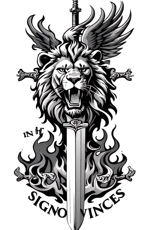 "IN HOC SIGNO VINCES" Lion roaring head, sword, Phoenix rising from flames chi-rho tattoo design idea