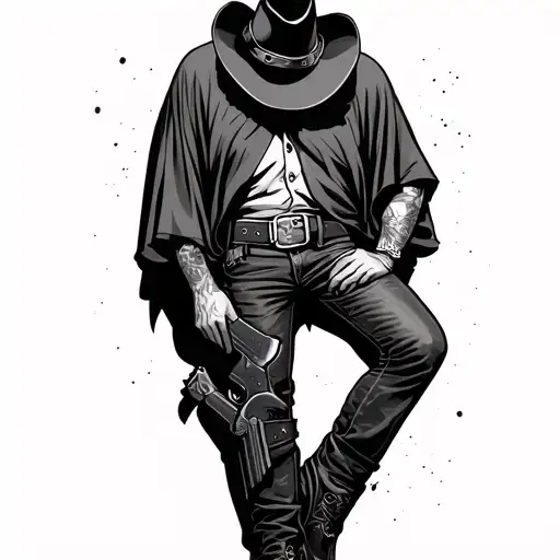 Cowboy leaning against a wall. can't see his face. head down. gun holstered at his side. wearing a pancho.  tattoo design idea