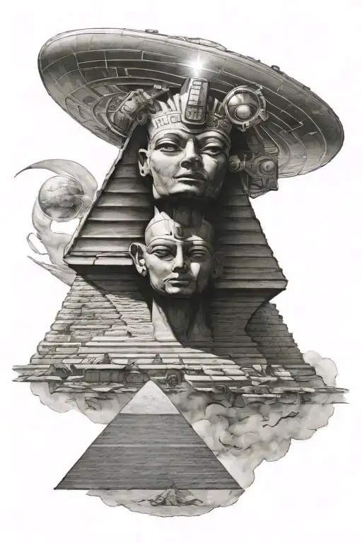 sphinx head with ufo beaming from the top, space, pyramid, alien tattoo design idea