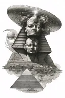 sphinx head with ufo beaming from the top, space, pyramid, alien tattoo design idea
