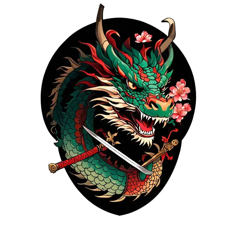 dragon with cherry blossoms and samurai sword tattoo design idea
