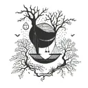 three hammocks strung up between two trees in the middle of the forest on a moonlit night  tattoo design idea