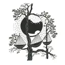 three hammocks strung up between two trees in the middle of the forest on a moonlit night  tattoo design idea
