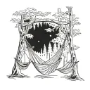 three hammocks strung up between two trees in the middle of the forest on a moonlit night  tattoo design idea