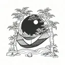 three hammocks strung up between two trees in the middle of the forest on a moonlit night  tattoo design idea