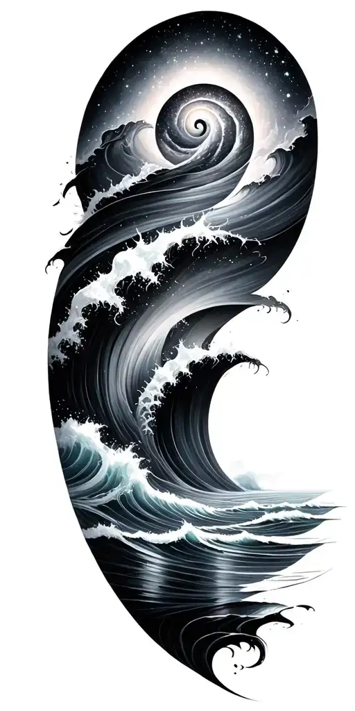 Black and grey sleeve: spiral galaxy above ocean waves, smooth transition, elegant and dark realism. tattoo design idea