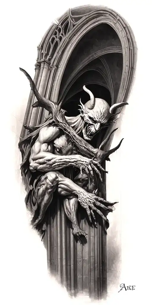 demons trapped in a cathedral realism tattoo design idea
