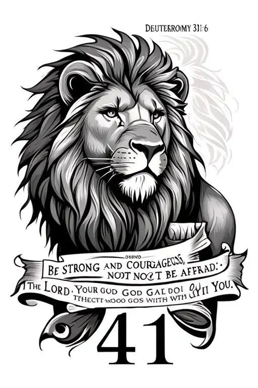 Deuteronomy 31:6 “Be strong and courageous. Do not be afraid; the Lord your God goes with you.” with number 41 and lion tattoo design idea