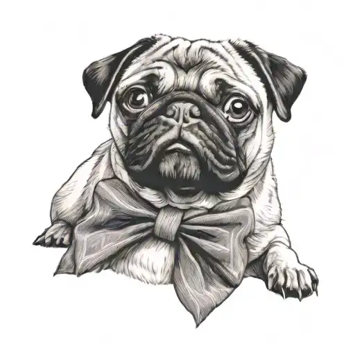 pug dog wearing bow tie lying down tattoo design idea