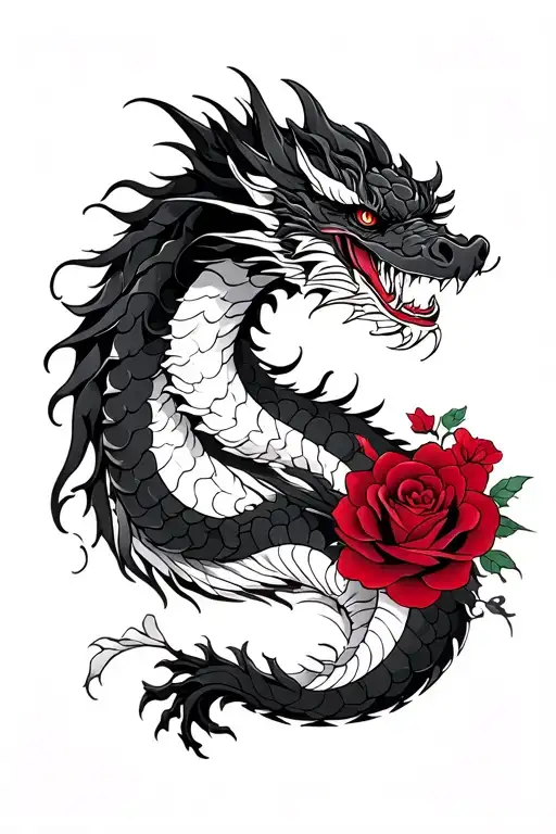 black and white Dragon with dark red roses tattoo design idea