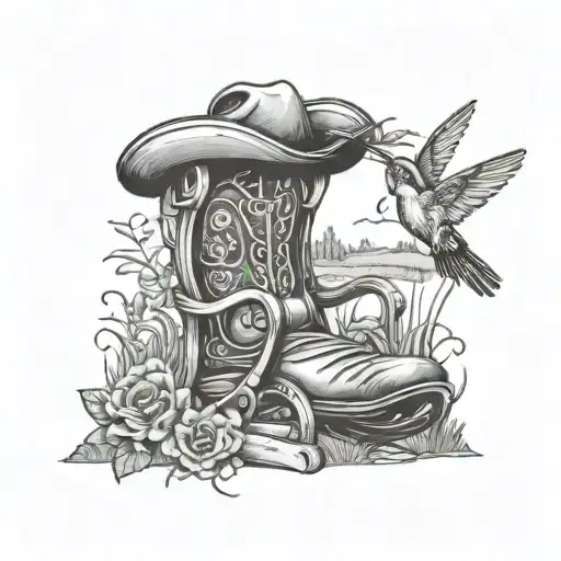 Rocking chair with cowboy hat cowboy boots and a hummingbird overlooking a pond and country scene tattoo design idea