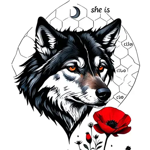  wolf and poppy tattoo. Subtle hexagons in the background. A crescent moon as well. Then tiny text scripture "she is clo tattoo design idea