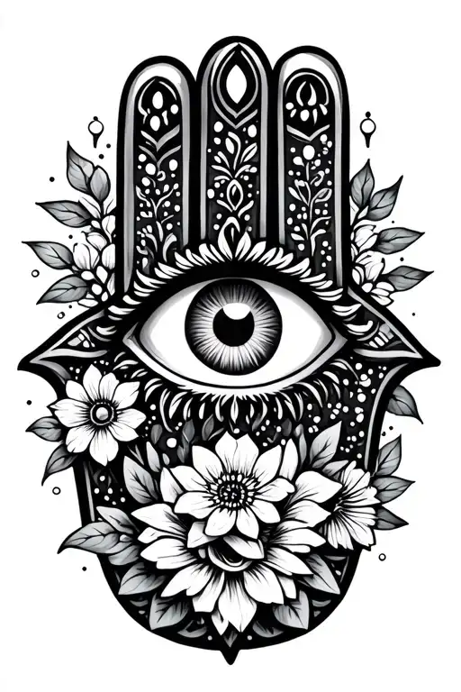 hamsa hand with evil eye and birth flowers and witchy designs surrounding tattoo design idea