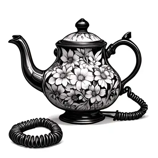 Realistic fine-line tattoo of a vintage teapot with floral patterns with old school coil cord phone tattoo design idea