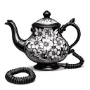 Realistic fine-line tattoo of a vintage teapot with floral patterns with old school coil cord phone tattoo design idea