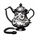 Realistic fine-line tattoo of a vintage teapot with floral patterns with old school coil cord phone tattoo design idea