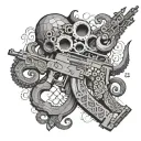 Octopus, AK-74 rifle, M-4 rifle, triangle, 80, smoke, scratches, stains, Ukrainian ornament, embroidery tattoo design idea