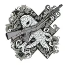 Octopus, AK-74 rifle, M-4 rifle, triangle, 80, smoke, scratches, stains, Ukrainian ornament, embroidery tattoo design idea