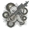 Octopus, AK-74 rifle, M-4 rifle, triangle, 80, smoke, scratches, stains, Ukrainian ornament, embroidery tattoo design idea