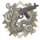 Octopus, AK-74 rifle, M-4 rifle, triangle, 80, smoke, scratches, stains, Ukrainian ornament, embroidery tattoo design idea