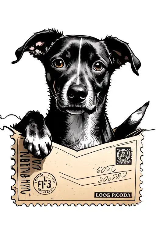sketch of a dog protruding out of a postal stamp  tattoo design idea