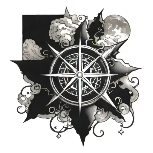 A detailed blackwork tattoo of a majestic compass rose surrounded by intricate fishing hooks and a serene moon in the background tattoo design idea