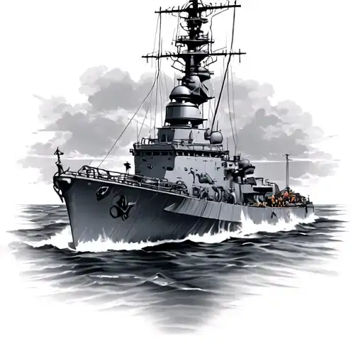 navy english battleship WW2 realistc on water mild colour tattoo design idea