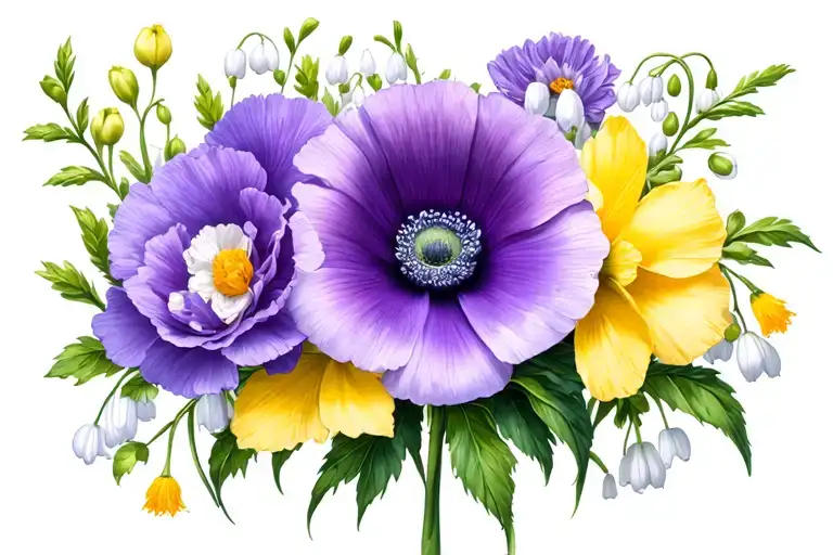 carnation flower, violet flower, daffodil flower, sweetpea flower, lily of the valley, honeysuckle, poppy, and cosmo tattoo design idea