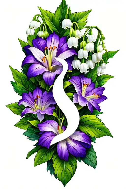 edgy, Aquarius and taurus, flowers violet and lily of the valley, birth times 2:18 and 7:06 tattoo design idea