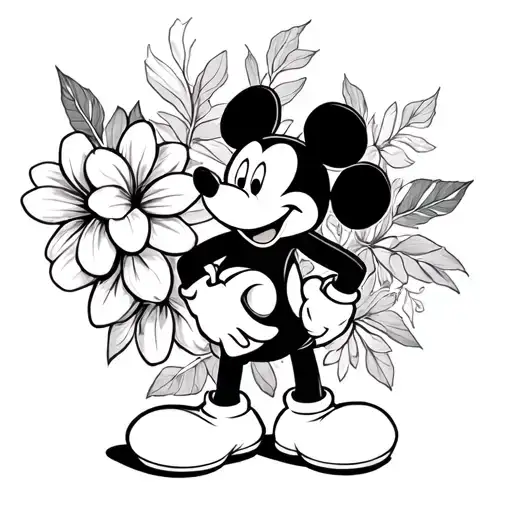 Australian native flowers with Mickey Mouse standing tattoo design idea