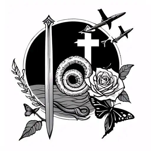 arrow with sunrise, semicolon, cross, rose, butterfly, sword + snake + plane around the arrow tattoo design idea