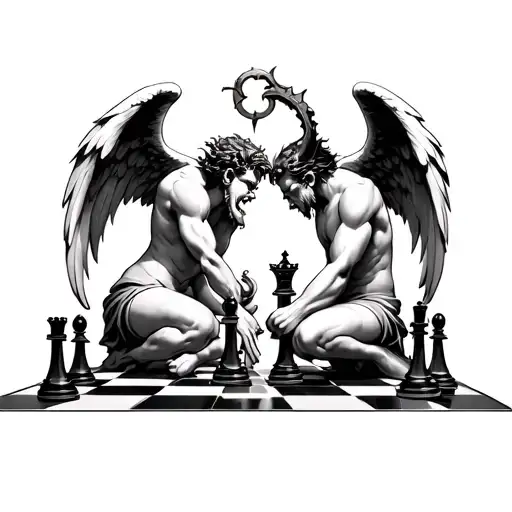angel vs demon chess match tattoo design idea