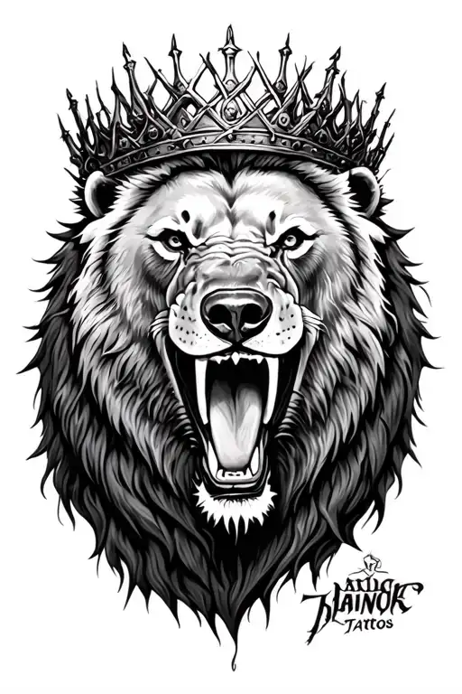 Bear with crown made of thorns and roaring lion tattoo design idea