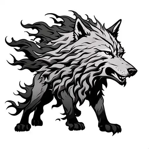 A fierce guardian inspired by ancient mythologies: a towering wolf with a mane of flowing flames, resembling Fenrir, ado tattoo design idea