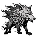 A fierce guardian inspired by ancient mythologies: a towering wolf with a mane of flowing flames, resembling Fenrir, ado tattoo design idea