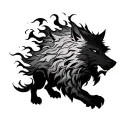 A fierce guardian inspired by ancient mythologies: a towering wolf with a mane of flowing flames, resembling Fenrir, ado tattoo design idea