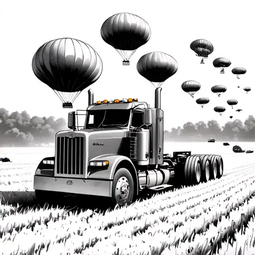 airborne paratroopers falling down into hayfield with farmall M with custom 379 peterbilt driving by tattoo design idea