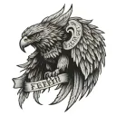 A tattoo design of a fierce eagle clutching a banner with the Latin phrase 'flectere si nequeo supros acheronta movebo' in its talons tattoo design idea