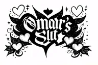 lower back tatto with cursive writing "Omar's Slut" hearts, sparkles symmetrical line work on both ends tattoo design idea