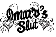 lower back tatto with cursive writing "Omar's Slut" hearts, sparkles symmetrical line work on both ends tattoo design idea