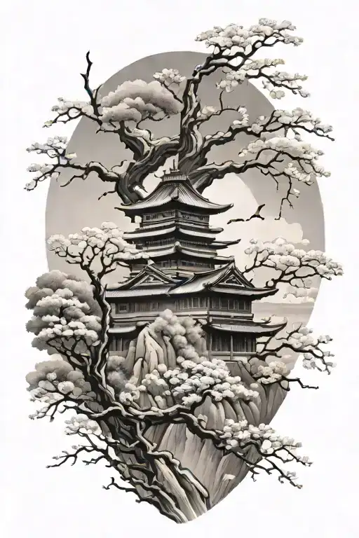 arm sleeve tattoo featuring a Japanese castle, cherry blossom tree, and samurai tattoo design idea