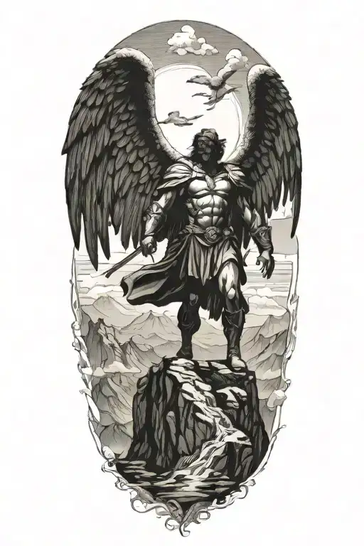 A silhouette of Archangel Michael with a mountain range in the background, symbolizing strength and faith tattoo design idea