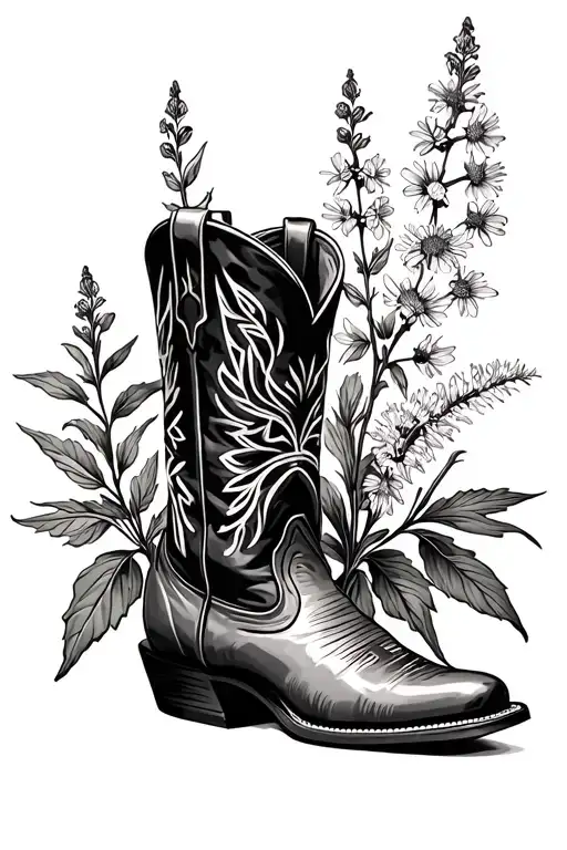Cowboy boot with Black cohosh, Baptisia alba false indigo White wood aster tattoo design idea